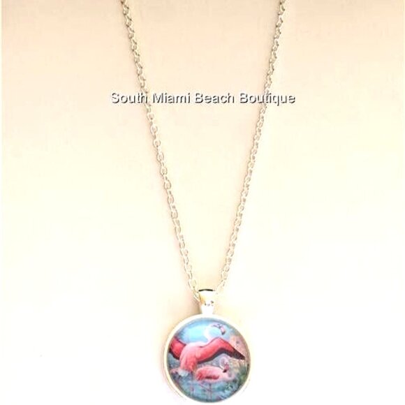 Pink Flamingo Necklace Silver Plated 24" Chain Glass Dome Pendant Tropical - Picture 5 of 9